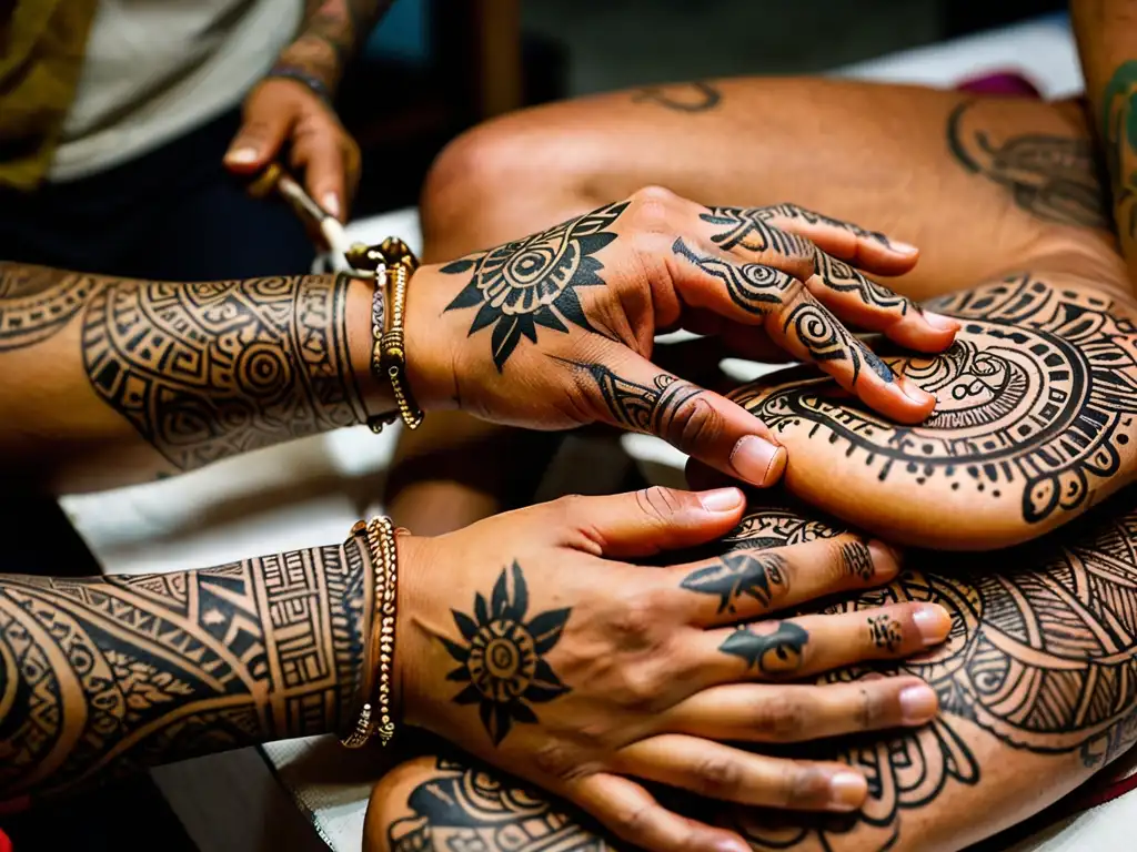 Un tatuador crea un diseño cultural en la piel de su cliente, en un ambiente reverente