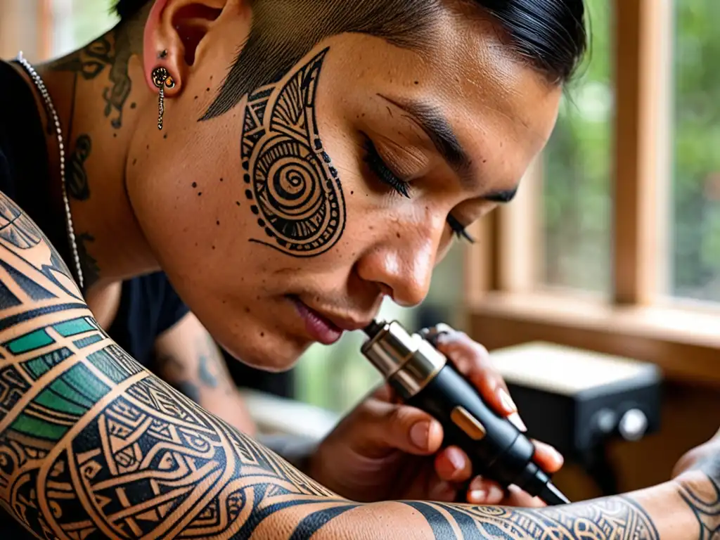 Un tatuador aplica patrones geométricos a la piel con cuidado, capturando la intensidad cultural del proceso