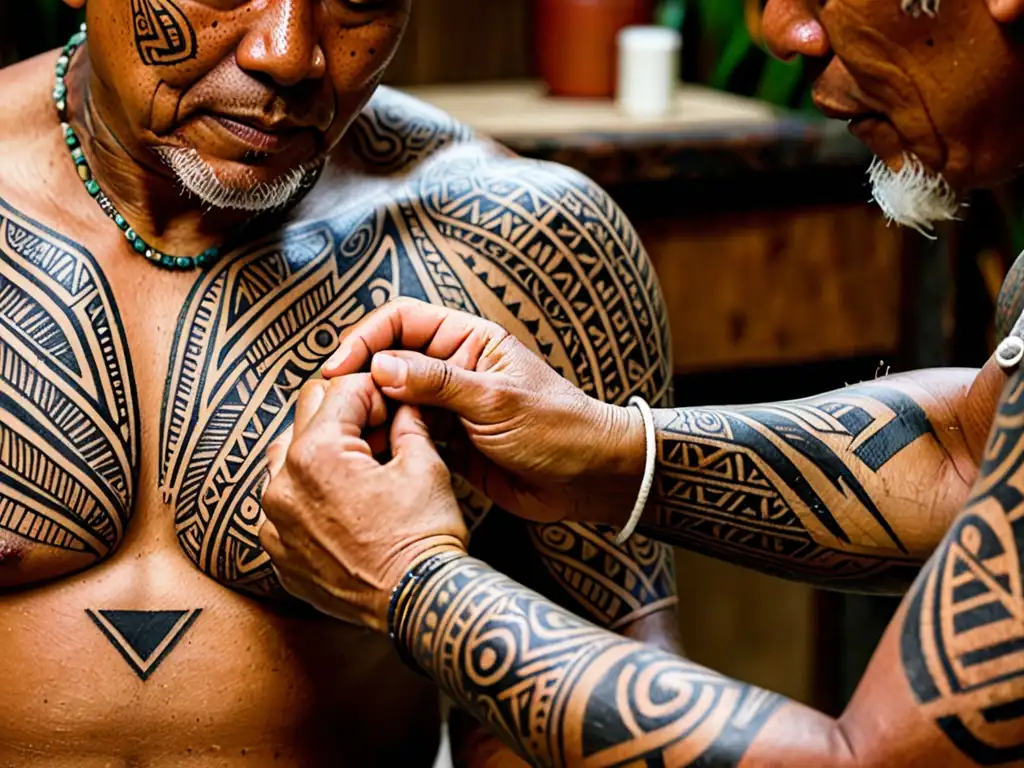 Un tatuador polinesio utiliza la técnica manual para crear un patrón geométrico en el hombro