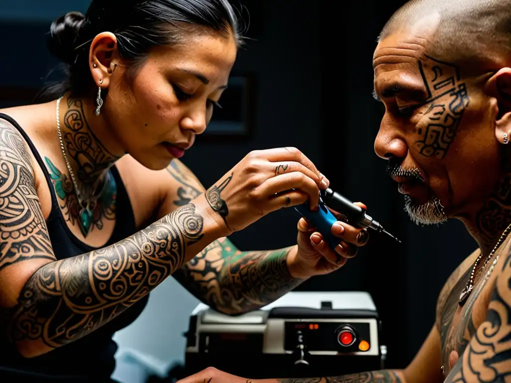 Un tatuador tradicional crea diseños intrincados en la piel de su cliente, en una escena culturalmente significativa y ritualista