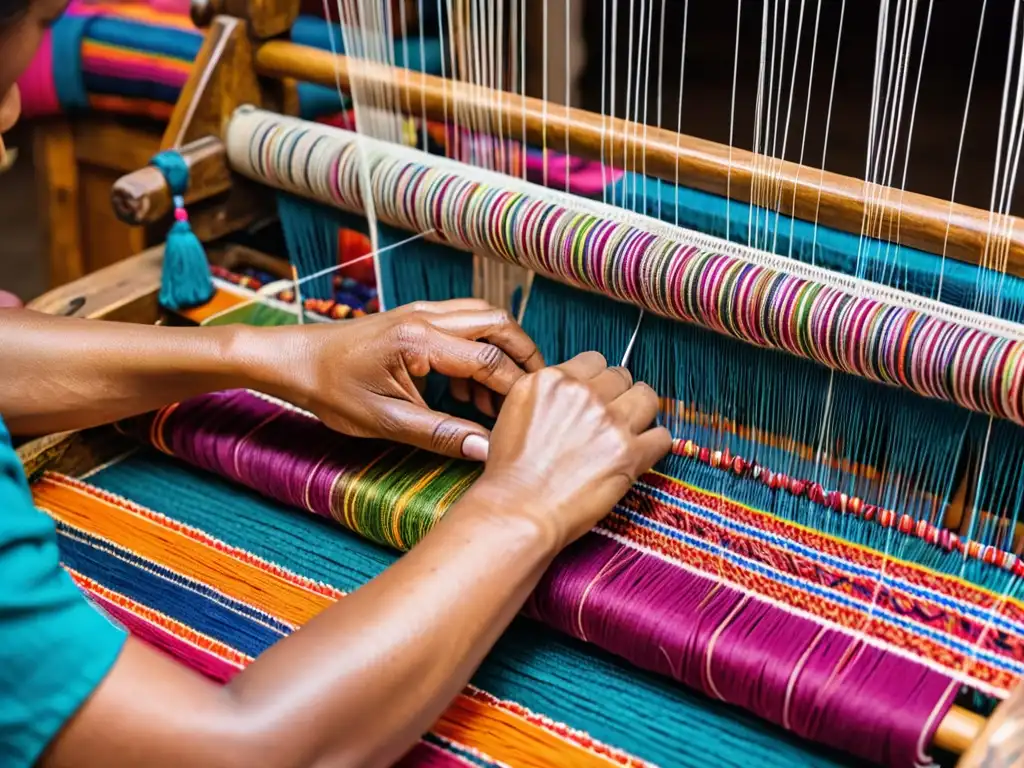 Un telar tradicional con patrones intrincados y coloridos hilos, manos hábiles tejiendo