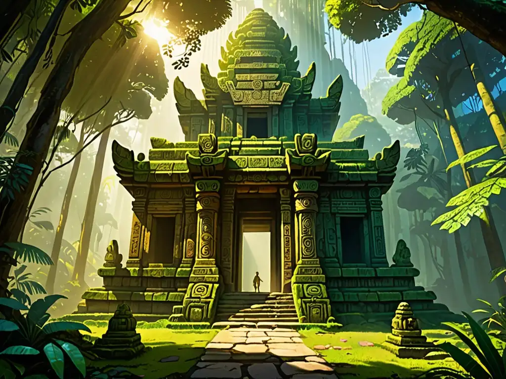 Un templo antiguo cubierto de musgo en la selva, con relieves de criaturas míticas y héroes legendarios