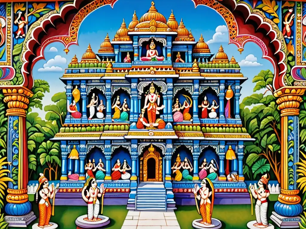 Templo hindú decorado con escenas de Krishna y otras deidades, rodeado de fieles en rituales