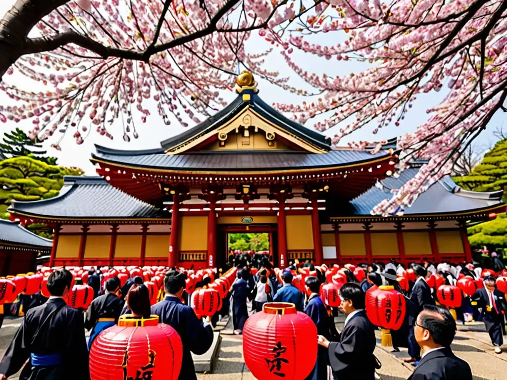 Templo japonés con lanteras y sakuras