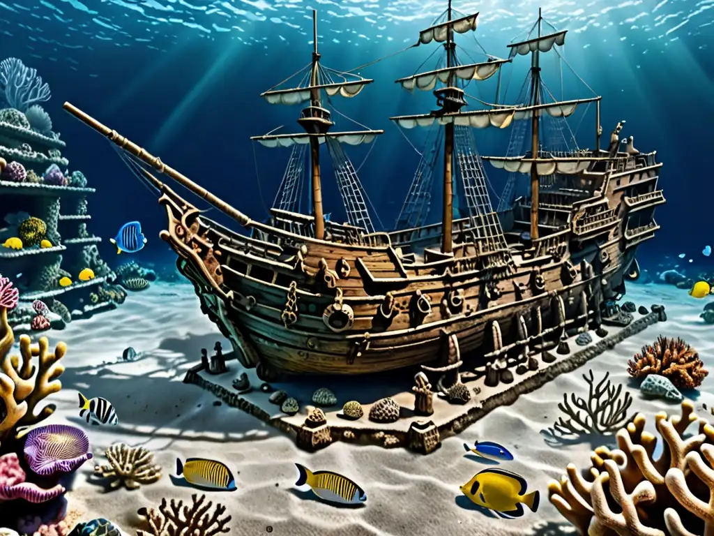 El tesoro del Galeón San José y su batalla legal, en una imagen detallada del naufragio rodeado de vida marina y formaciones de coral