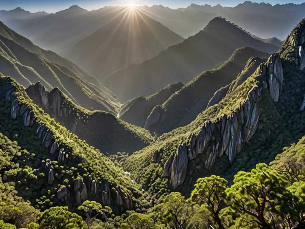 Tesoro escondido en la legendaria Sierra Madre: montañas misty, bosques densos y cascada, evocando la búsqueda de leyendas y folklore