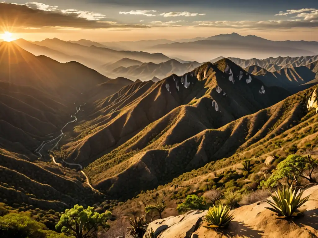 Tesoro Sierra Madre leyenda folklore: Atardecer dorado en la majestuosa y agreste Sierra Madre, evocando su misterio y belleza legendarios