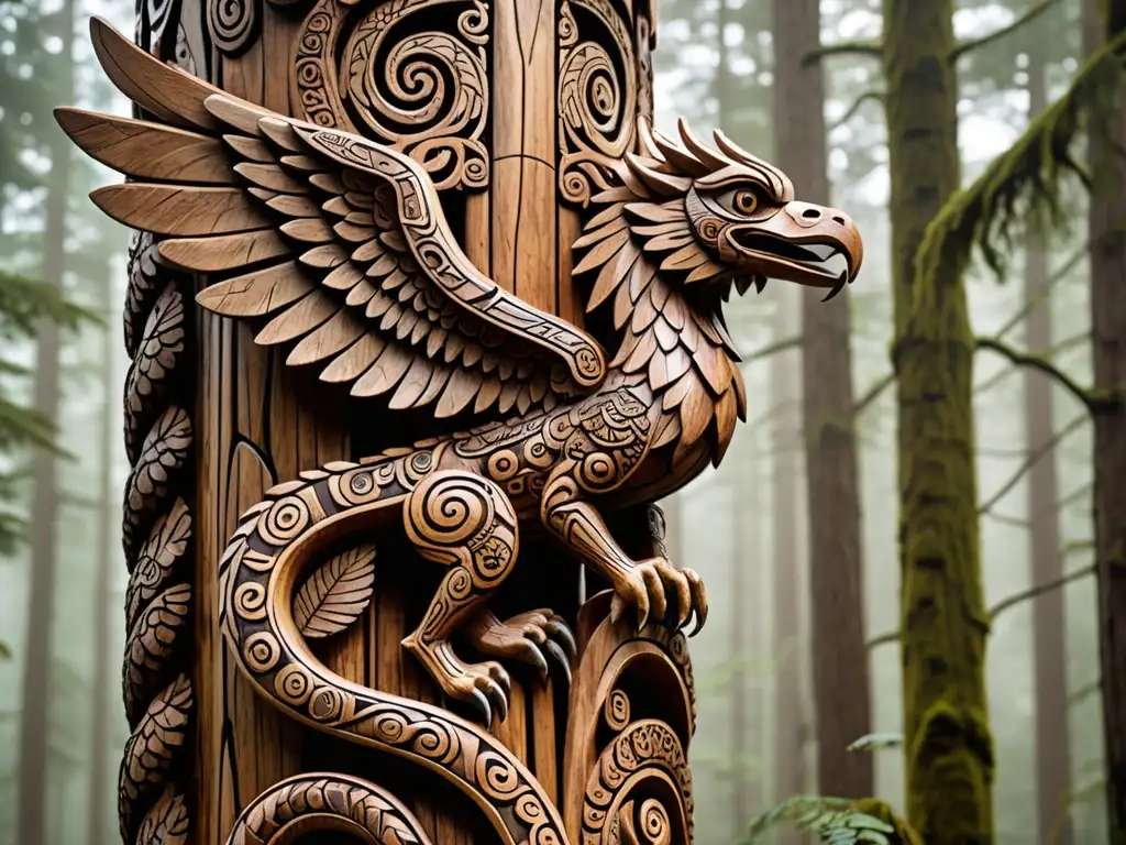 Totem de madera tallado con criaturas míticas en la selva Un totem de madera tallado con criaturas míticas que parecen cobrar vida en el bosque