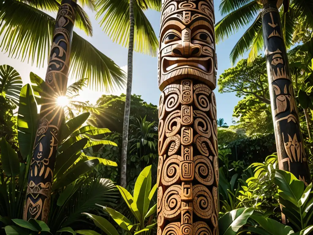 Totem de madera tallado con leyenda de la serpiente marina y el guerrero en Samoa, iluminado por el cálido sol entre la exuberante vegetación