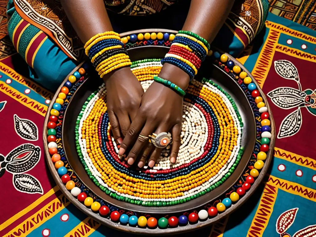 Tradicional opon Ifá decorado con cowrie shells y figuras talladas, sobre tela colorida