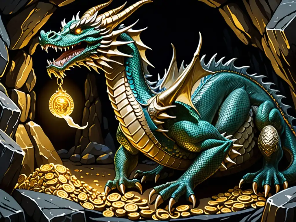 La traición en la Saga Völsunga: Ilustración detallada del legendario dragón Fafnir en su cueva, resguardando un tesoro brillante con malévola mirada y escamas relucientes