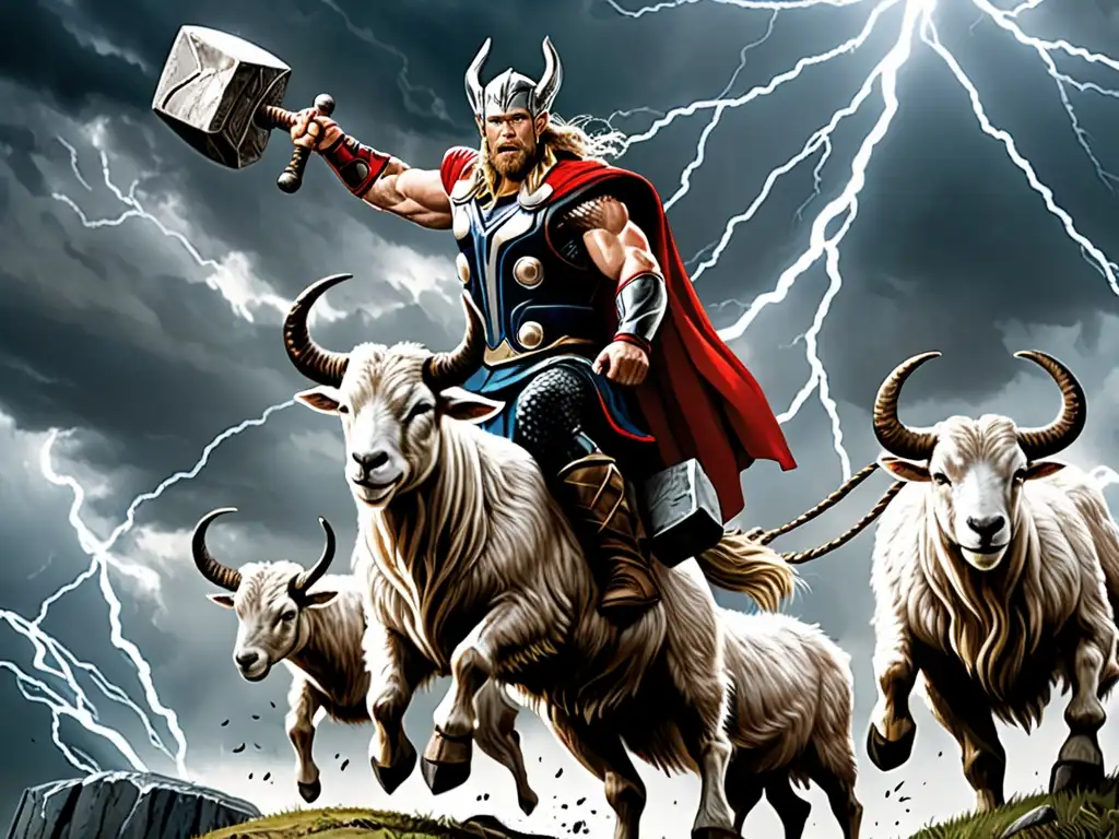 Thor, el dios nórdico del trueno, empuña su martillo Mjolnir mientras conduce un carro tirado por dos enormes cabras, en un paisaje nórdico tormentoso