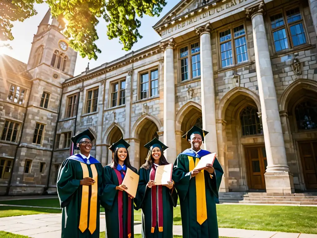 Emoción universitaria: graduación en campus histórico Graduación universitaria con diversidad cultural, alegría y logros bajo el sol