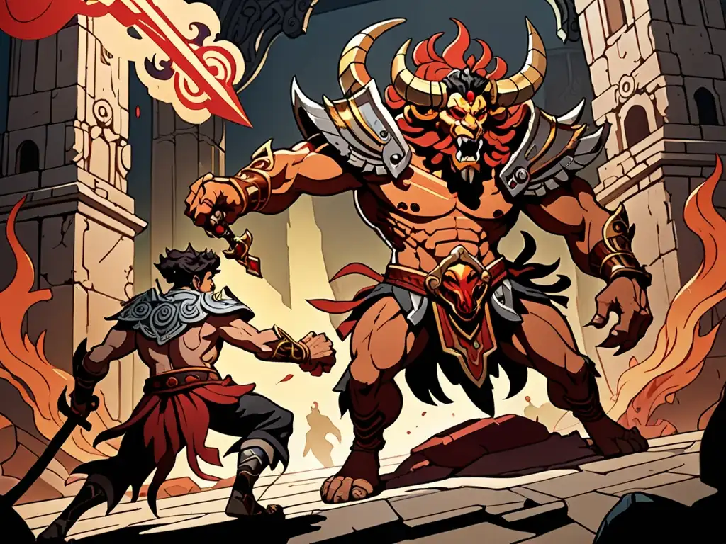 El valiente Zagreus lucha contra el feroz Cerbero en la entrada del Inframundo, capturando la intensa acción de la mitología griega en el juego Hades