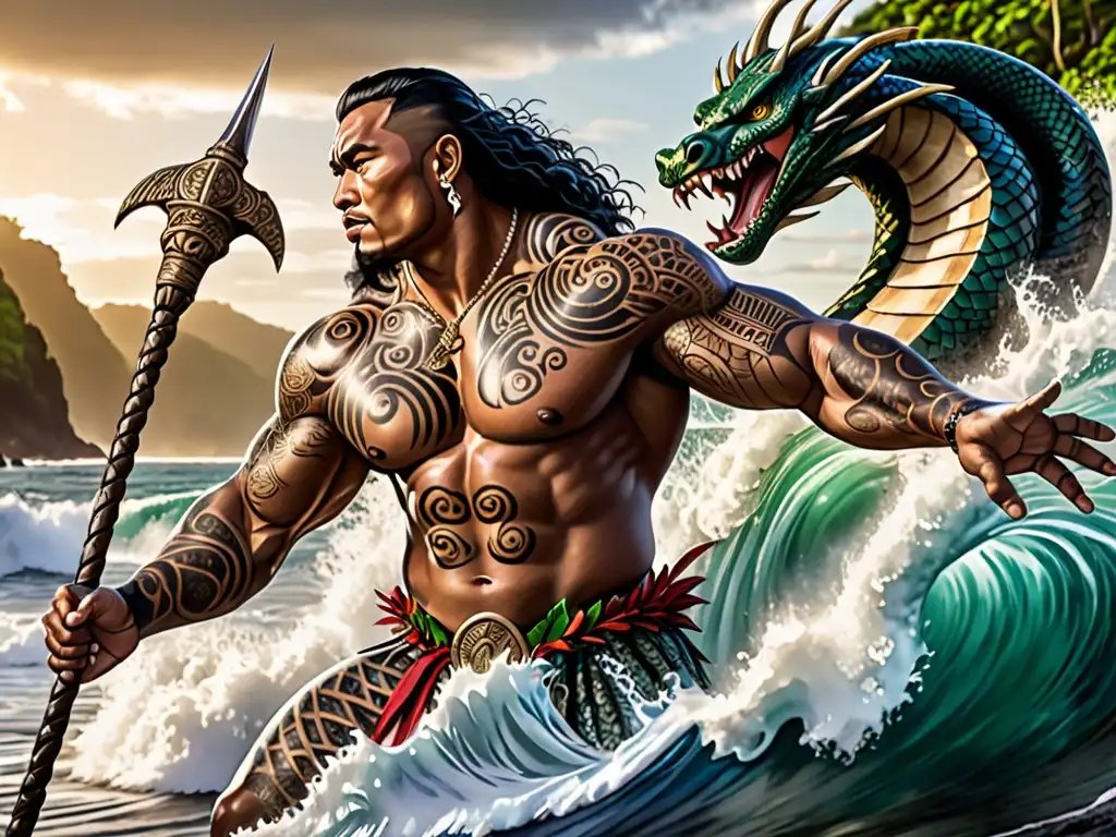 Un valiente guerrero samoano desafía a la legendaria serpiente del mar, con olas poderosas de fondo