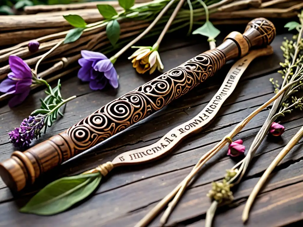 Una varita mágica de madera tallada descansa sobre hierbas secas y flores, bañada por una suave luz natural