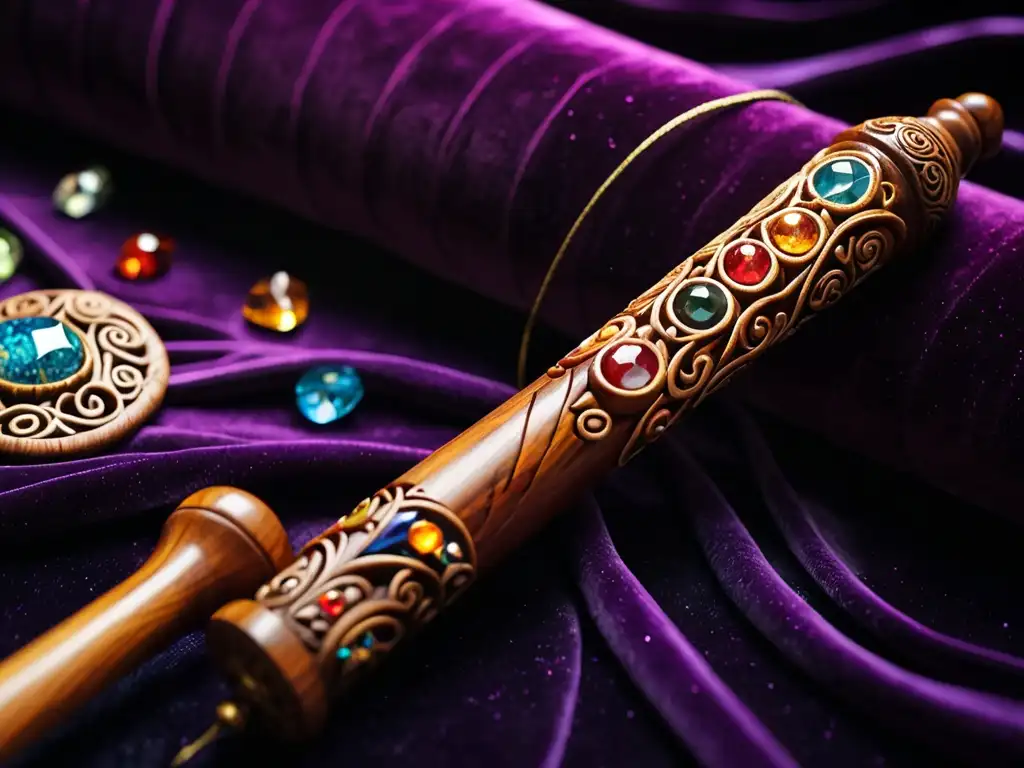 Una varita mágica de madera tallada con símbolos antiguos y piedras preciosas, reposa sobre un cojín de terciopelo