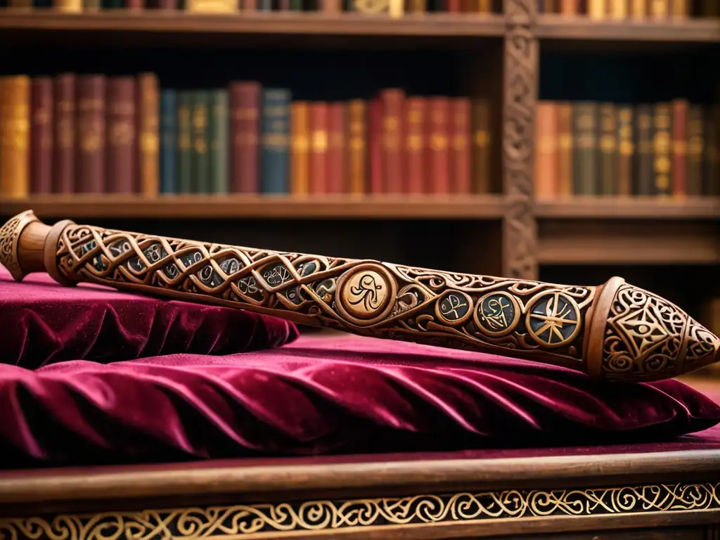 Una varita mágica tallada con antiguos símbolos y filigranas doradas reposa sobre un cojín de terciopelo, en un ambiente misterioso y reverente