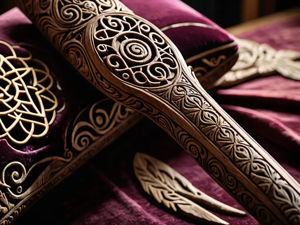 Una varita mágica tallada con símbolos místicos y runas reposa sobre un cojín de terciopelo, bañada por una cálida luz que resalta su antiguo poder