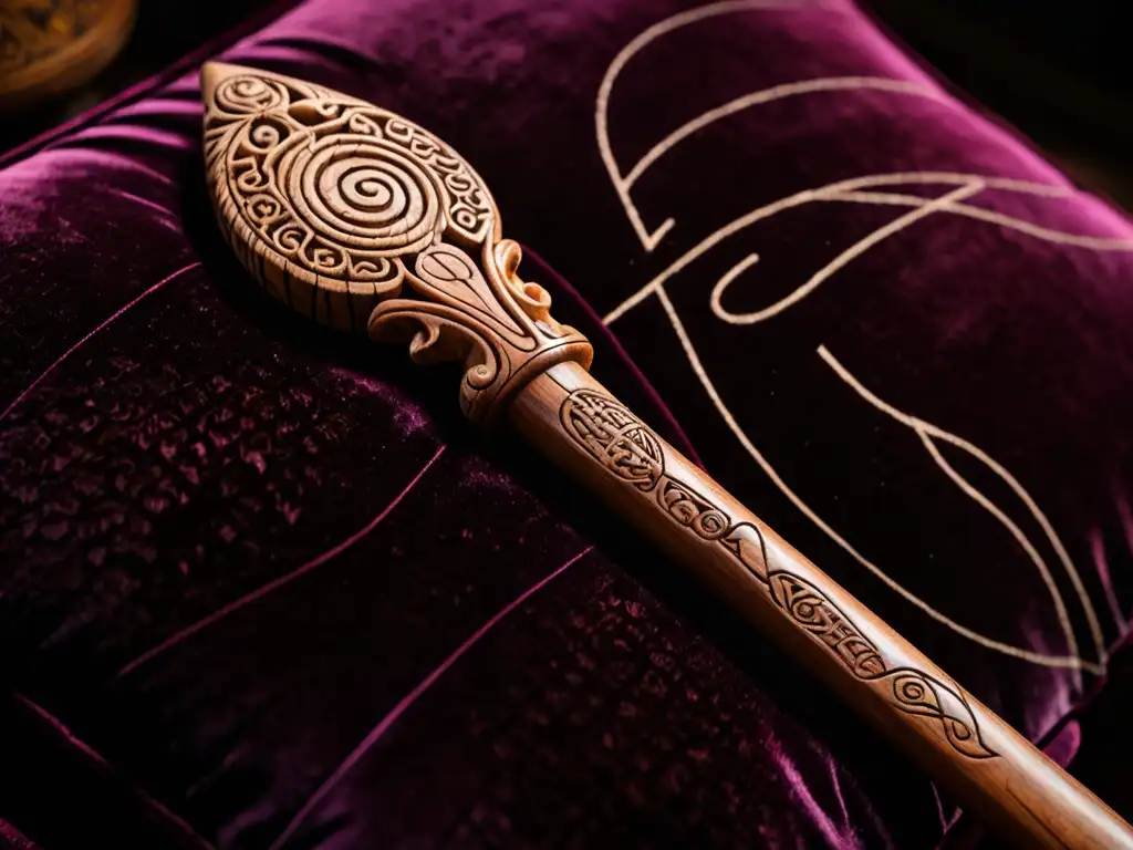 Una varita mágica tallada con símbolos antiguos reposa en un cojín de terciopelo, envuelta en misterio y poder ancestral