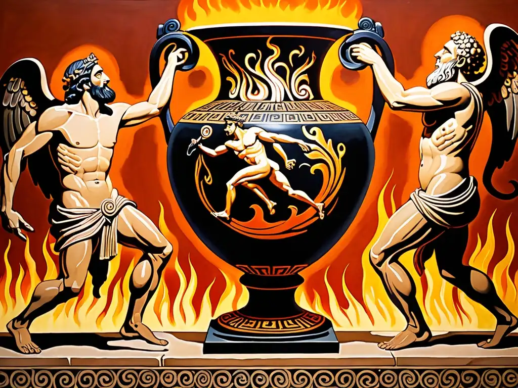 Vaso griego antiguo detalla Prometeo robando fuego a los dioses para la humanidad, con colores vibrantes y ricos