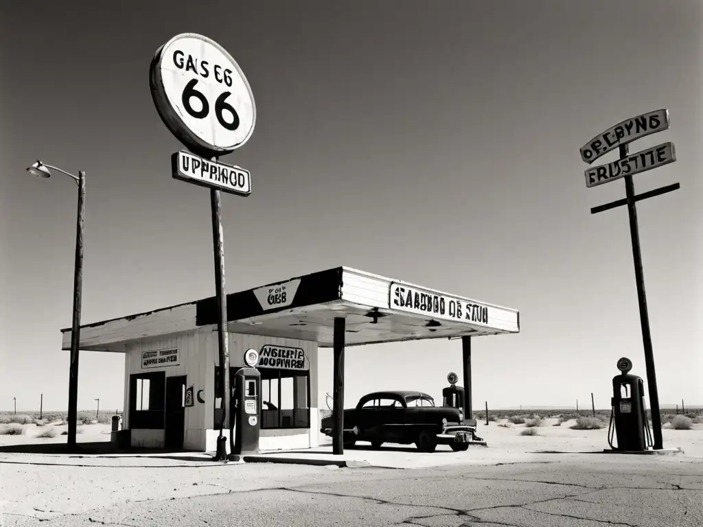 Imagen impactante de estación de gasolina abandonada en Route 66 Un viajero fantasma se aparece en una estación de gas abandonada en la Ruta 66 al atardecer