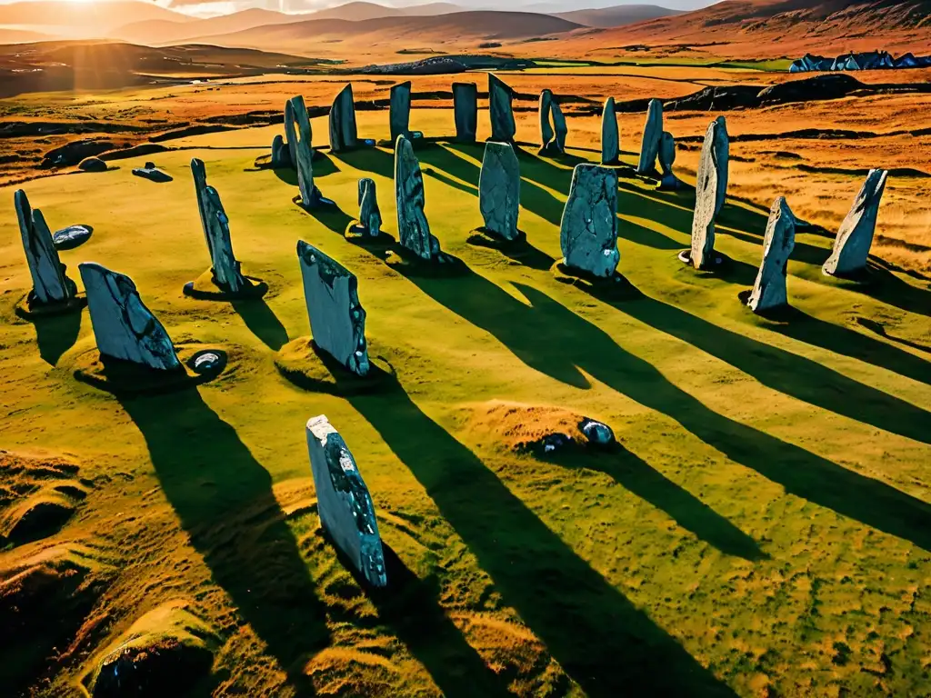Vibrante atardecer sobre círculo de piedras celtas en Callanish, Escocia, evocando misterio y conexión con la naturaleza