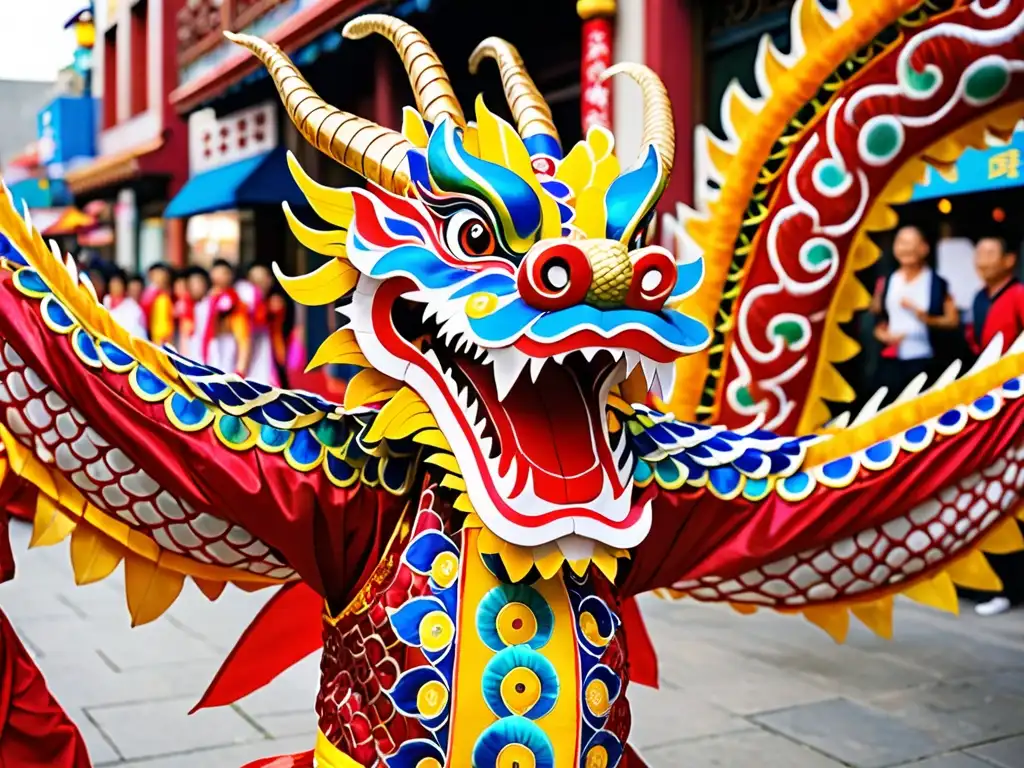 Un vibrante baile del dragón chino en una concurrida calle de la ciudad
