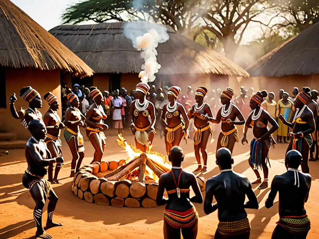 Vibrante ceremonia al atardecer con prácticas simbólicas en rituales de creación en una aldea africana