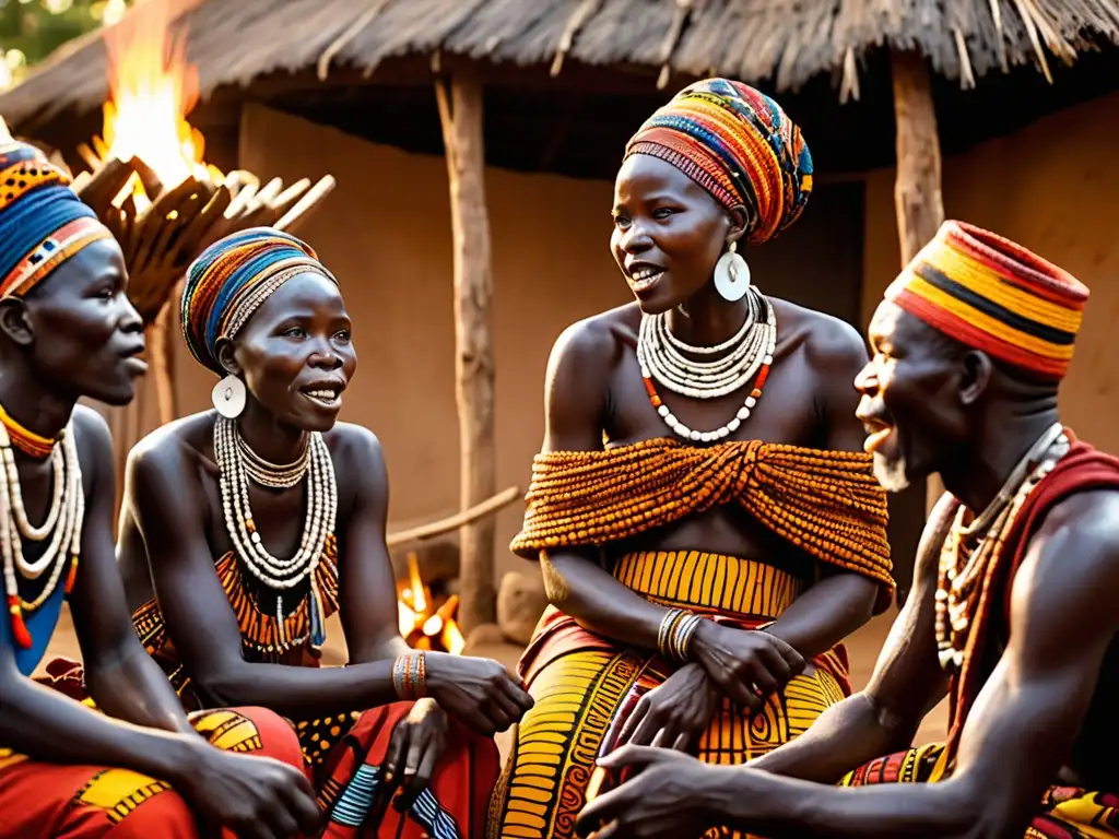 Vibrante escena de una aldea africana tradicional con una narrativa mitológica africana moderna, donde la gente se reúne alrededor de un narrador mientras se sumerge en la rica tradición oral
