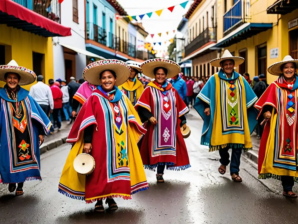 Vibrante escena callejera en la Fiesta Nacional del Poncho, con identidad cultural y diversidad de personas participando en actividades tradicionales