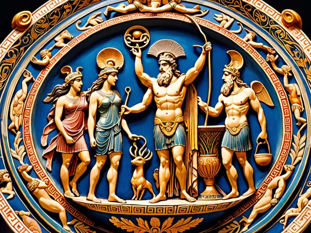 Vibrante escena de la mitología griega: dioses otorgan inmortalidad a un héroe, reflejando la esencia de 'Inmortalidad en mitos y leyendas'