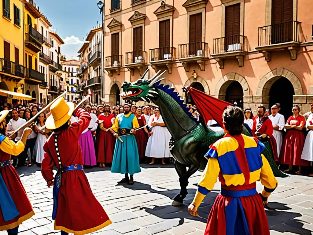 Vibrante festividad de San Jorge en Cataluña: escena de la leyenda con colores y trajes tradicionales, San Jorge enfrenta al dragón