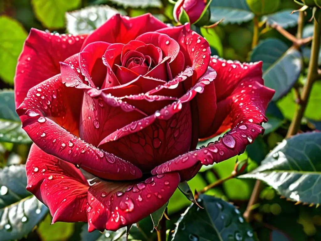 Una rosa roja vibrante con gotas de rocío, luz solar y follaje verde