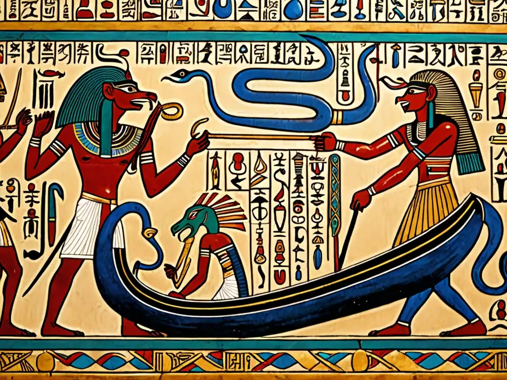 Vibrante imagen 8k de la batalla entre Ra y Apep, con detalles impresionantes