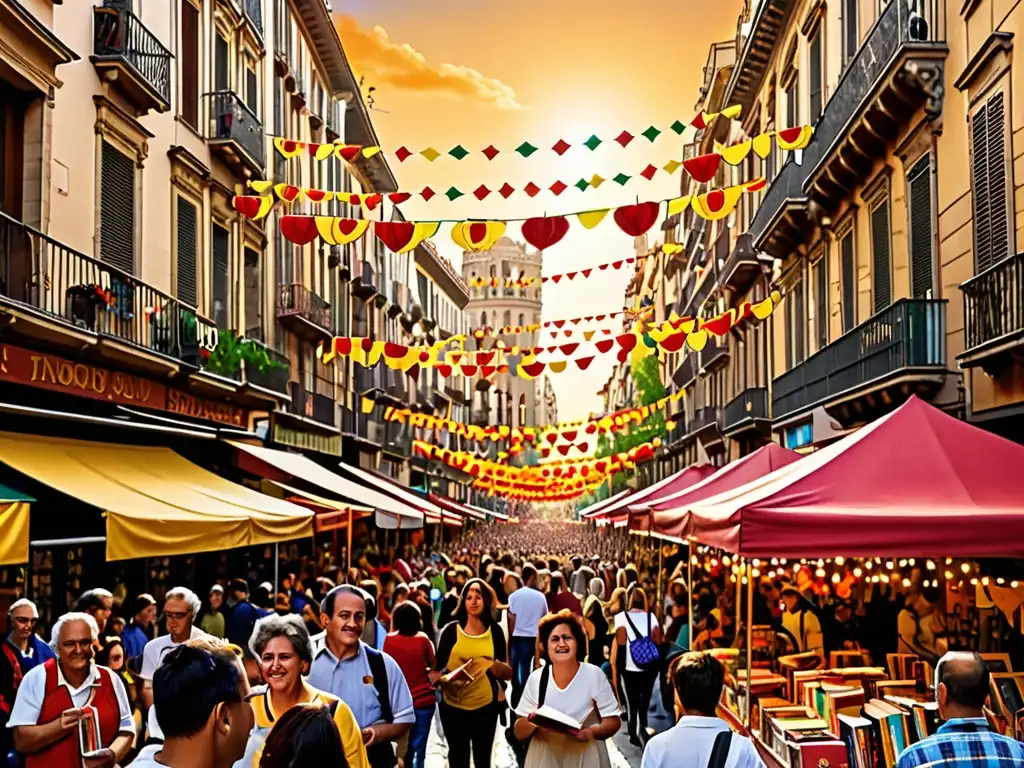 Vibrante celebración de Sant Jordi en Barcelona con intercambio de rosas y libros, reflejando la festividad de San Jorge en Cataluña