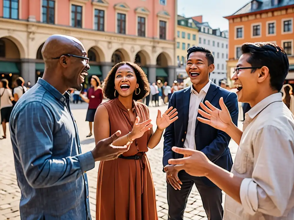 Un vibrante intercambio multilingüe en una bulliciosa plaza urbana, simbolizando el origen mitológico de la diversidad lingüística