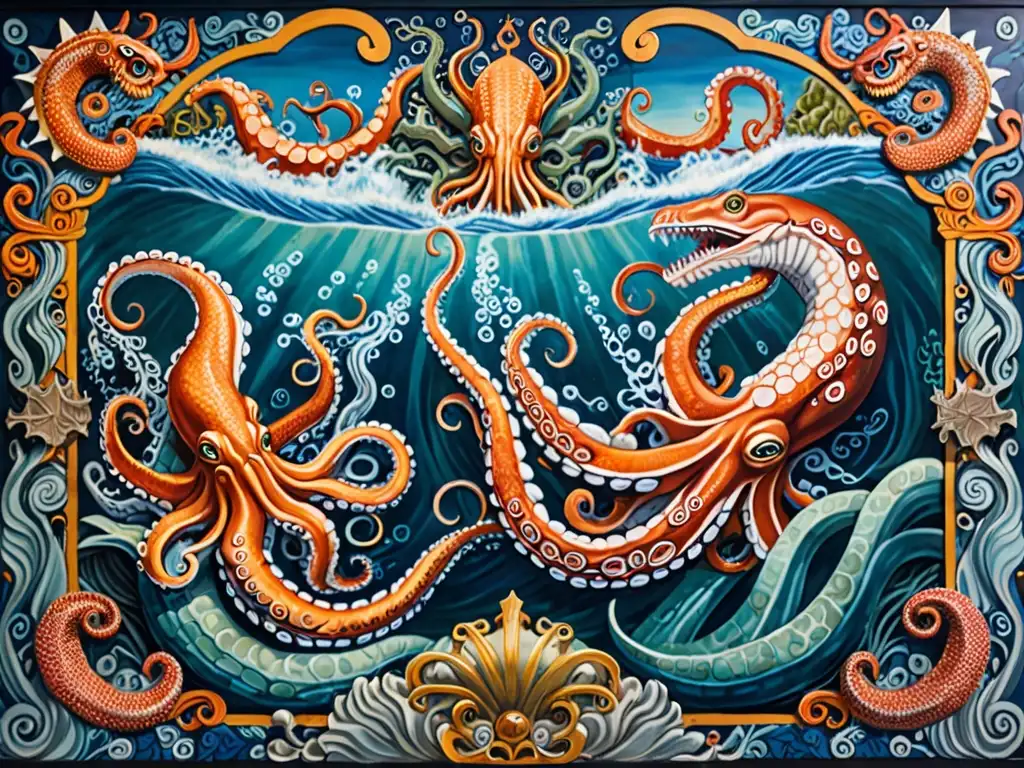 Un vibrante mural de batalla entre criaturas mitológicas marinas, como pulpos gigantes y serpientes marinas, en el fondo del océano