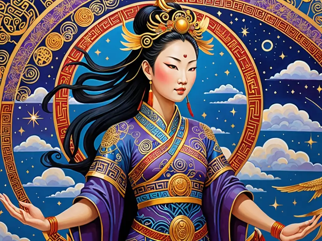 Vibrante mural de Nüwa, diosa china, tejiendo el cielo tras el cataclismo, con colores impactantes y símbolos celestiales detallados