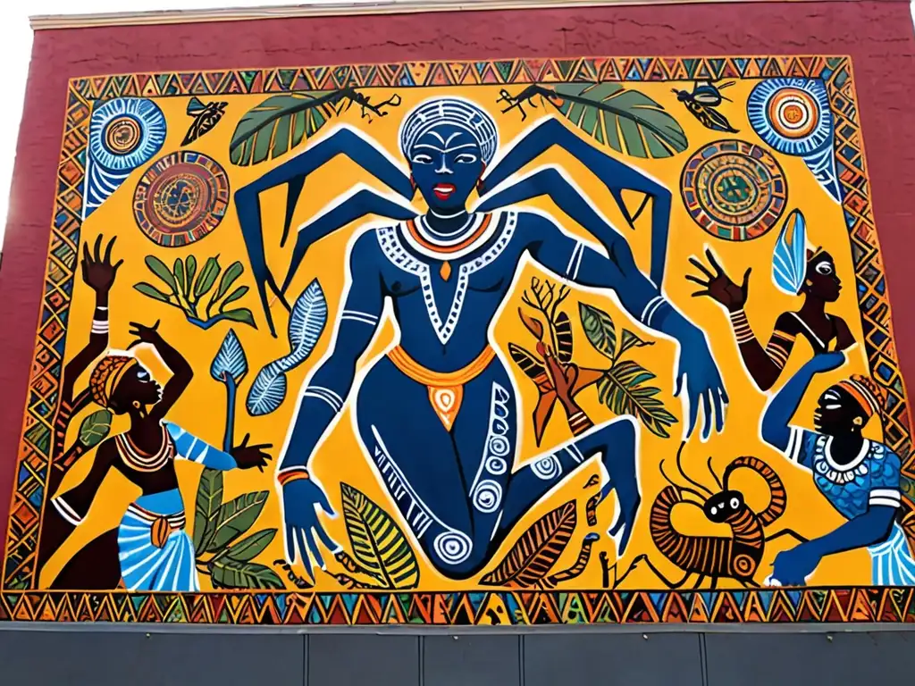 Un vibrante mural de la mitología africana, destacando a Anansi rodeado de criaturas míticas