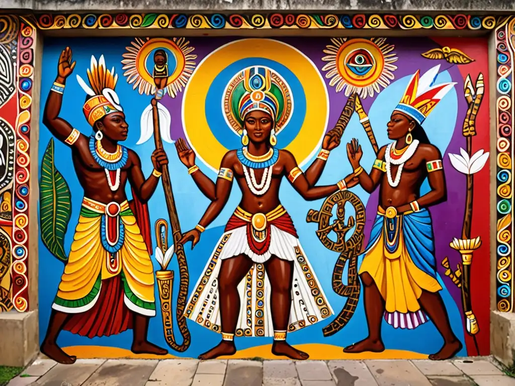 Vibrante mural de Orishas y Orixás en el panteón yoruba, conexión mística