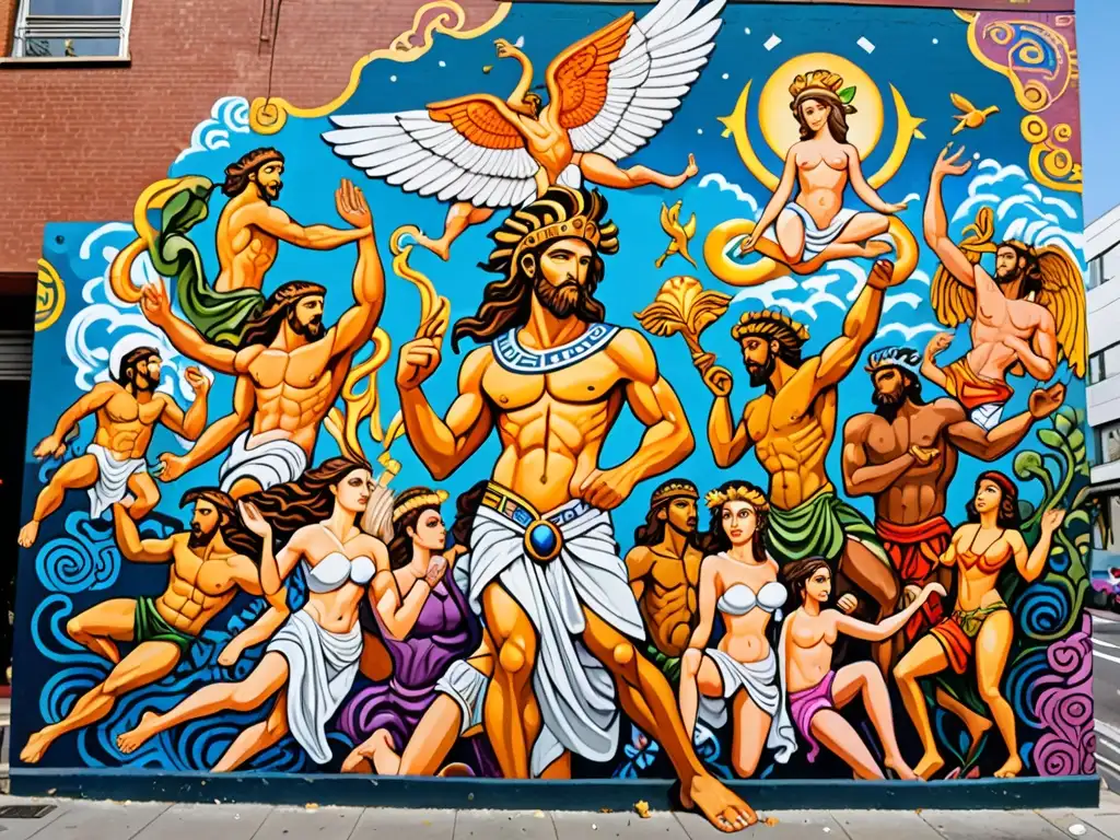 Vibrante mural urbano representa reinterpretación de mitos clásicos en contexto de cultura pop, rodeado de bulliciosa vida urbana