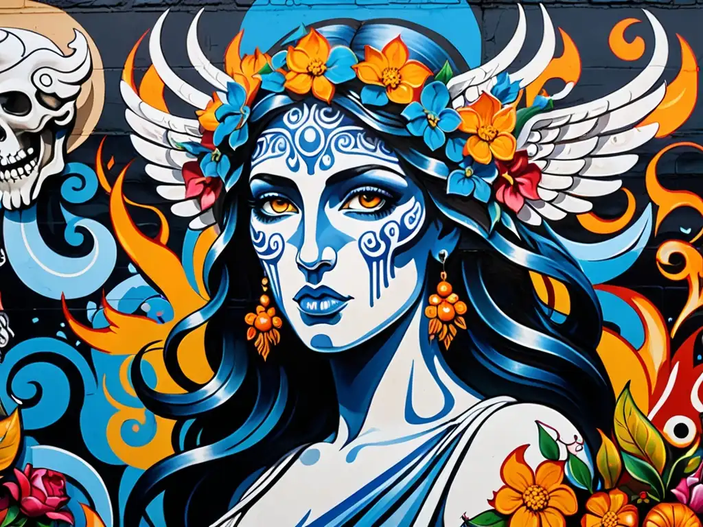 Vibrante mural urbano muestra reinterpretación de mitos clásicos en cultura pop