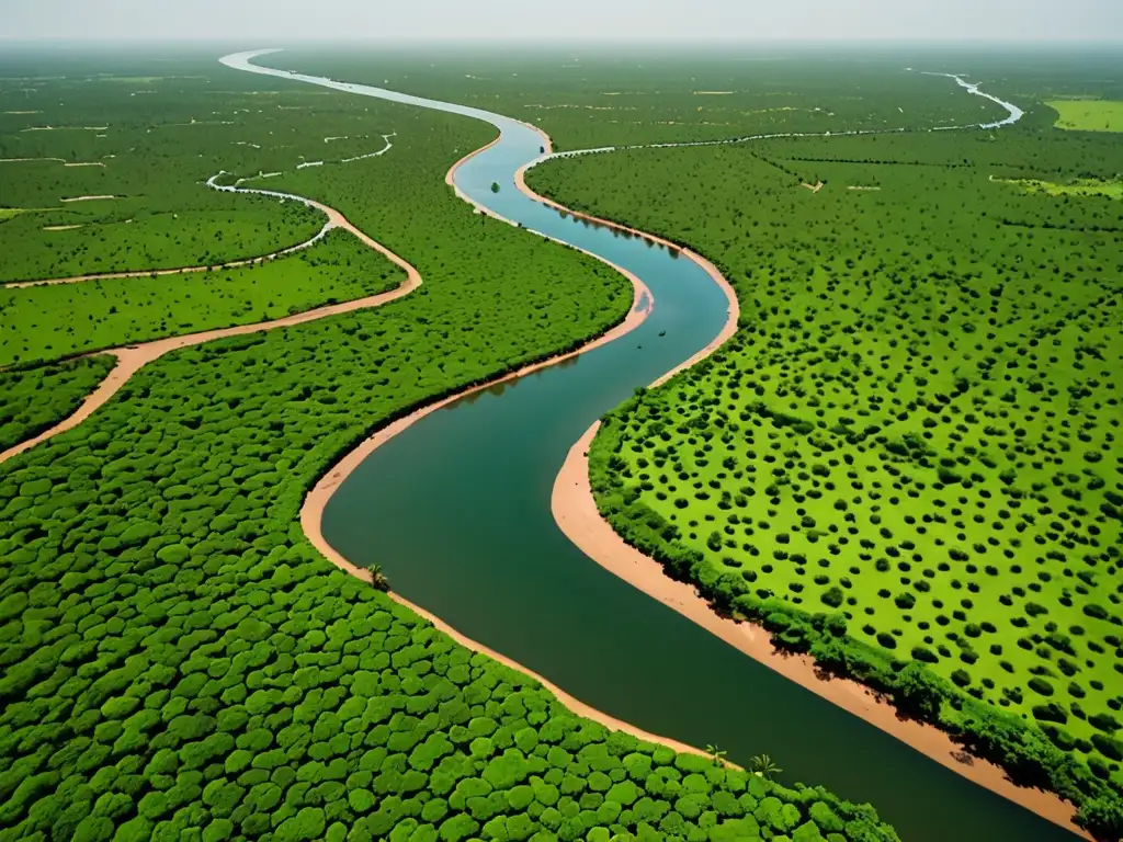 Vibrante paisaje del Delta de Gambia, con el río serpenteando entre exuberante vegetación
