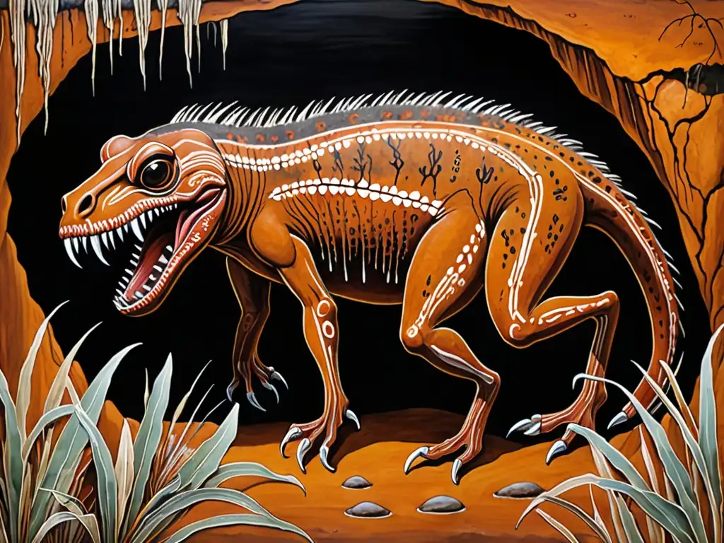 Arte rupestre aborigen: La leyenda del bunyip en detalle Vibrante pintura rupestre aborigen australiana de un temible bunyip emergiendo de un billabong, rodeado de flora y fauna