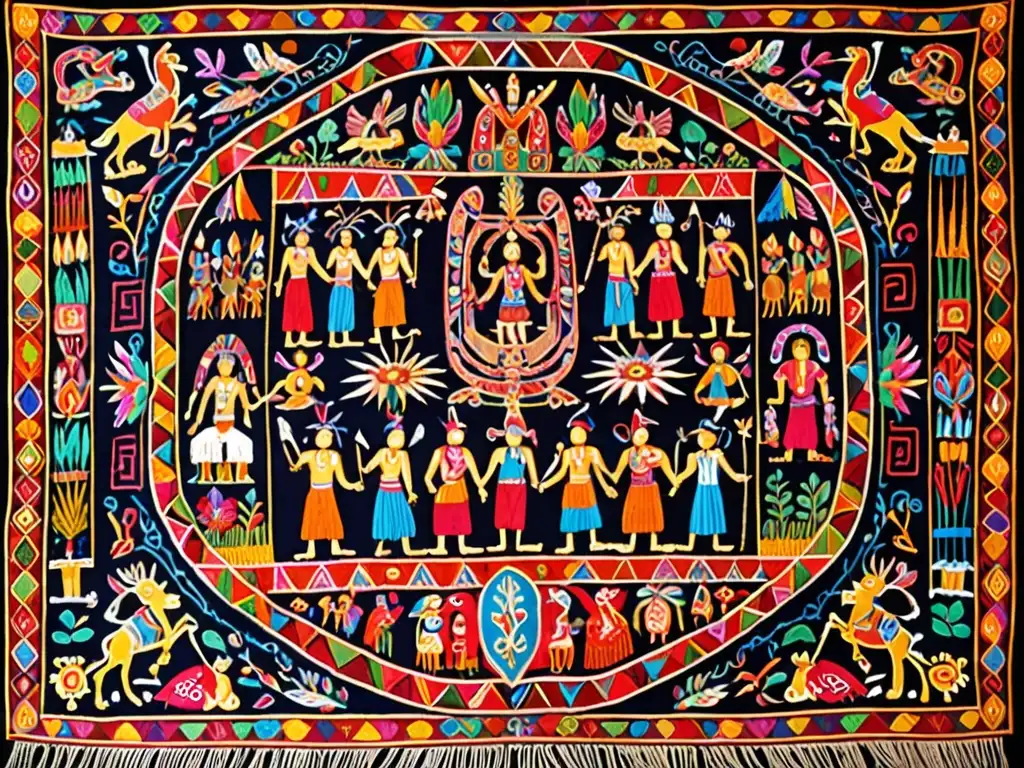 Vibrante tapestry del mito Hermanos Ayar fundación Inca, con bordado detallado y colores llamativos