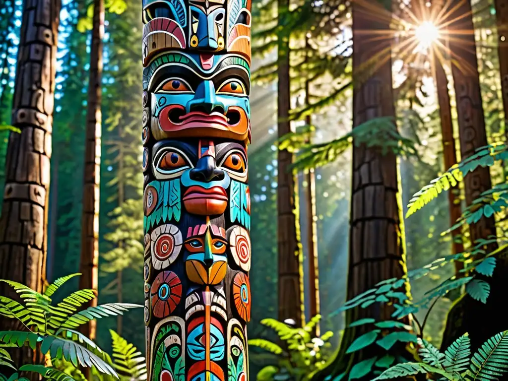 Vibrante totem nativo americano en el bosque: espíritus naturaleza chamanismo nativo americano