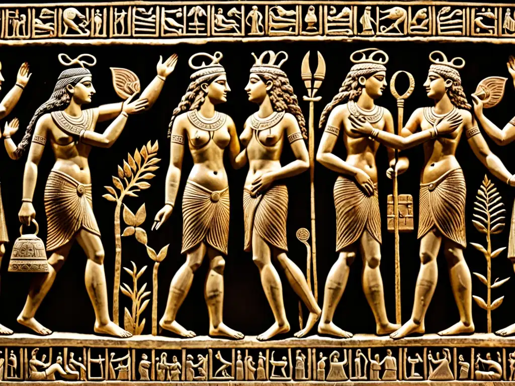 Vibrantes artefactos sumerios y griegos representando descensos al Inframundo mitológicos en un museo