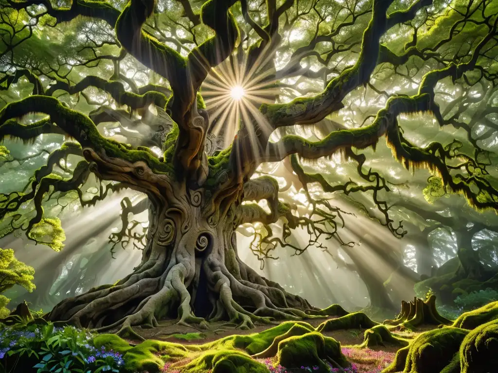 El viejo roble en un bosque neblinoso, con raíces y ramas extendidas hacia el cielo