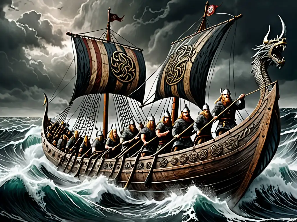 Un Vikingo leal con su tripulación surca mares tormentosos en un barco con fidelidad mitológica en Vikingos